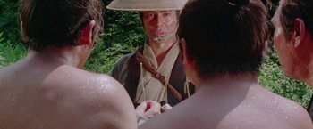 Movie still from “Lone Wolf and Cub: Baby Cart to Hades” (1972), directed by Kenji Misumi – A man wearing a straw hat is standing in front of a group of people; Close Up shot, Over the shoulder angle