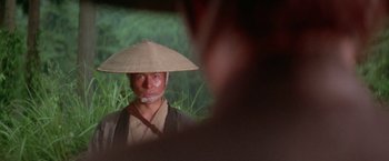 Movie still from “Lone Wolf and Cub: Baby Cart to Hades” (1972), directed by Kenji Misumi – A man wearing a straw hat is standing in the grass; Close Up shot, Over the shoulder angle