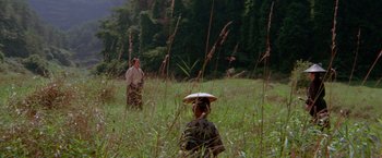 Movie still from “Lone Wolf and Cub: Baby Cart to Hades” (1972), directed by Kenji Misumi – Two people in a grassy field with a hat on their head; Extreme Wide shot, High angle