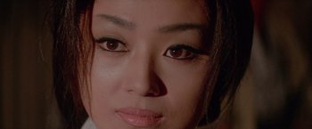 Movie still from “Lone Wolf and Cub: Baby Cart to Hades” (1972), directed by Kenji Misumi – A woman's face with brown eyes; Extreme Close Up shot, High angle