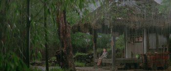 Movie still from “Lone Wolf and Cub: Baby Cart to Hades” (1972), directed by Kenji Misumi – A boy sitting on a bench under a thatched roof; Extreme Wide shot, High angle