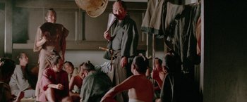 Movie still from “Lone Wolf and Cub: Baby Cart to Hades” (1972), directed by Kenji Misumi – A group of people sitting in a room; Medium shot, High angle