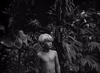 Movie still from “Lord of the Flies” (1963), directed by Peter Brook – A young boy standing in the woods looking at the camera; Medium shot, High angle