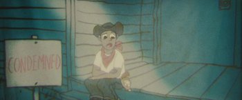 Movie still from “Lost River” (2014), directed by Ryan Gosling – A drawing of a boy in a cowboy hat and bandanna; Close Up shot, High angle