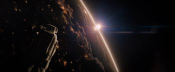 Movie still from “Lucy in the Sky” (2019), directed by Noah Hawley – A view of the earth taken from a space shuttle; Extreme Wide shot, Overhead angle