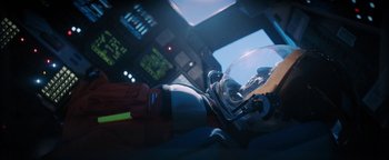 Movie still from “Lucy in the Sky” (2019), directed by Noah Hawley – The inside of an airplane cockpit; Wide shot, Low angle