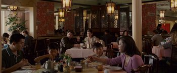 Movie still from “Made of Honor” (2008), directed by Paul Weiland – A group of people sitting at a table in a restaurant; Medium shot, Over the shoulder angle