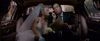 Movie still from “Made of Honor” (2008), directed by Paul Weiland – A man and woman sitting in the back of a car; Medium shot, Over the shoulder angle