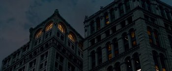 Movie still from “Made of Honor” (2008), directed by Paul Weiland – A building that has been lit up at night time; Extreme Wide shot, Low angle