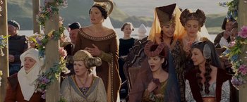Movie still from “Made of Honor” (2008), directed by Paul Weiland – A group of people dressed in medieval clothing; Medium shot, Over the shoulder angle