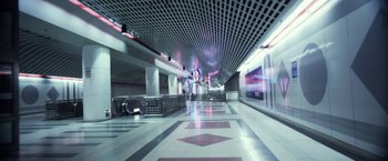 Movie still from “Maniac” (2012), directed by Franck Khalfoun – A train station with a lot of lights on the ceiling; Extreme Wide shot, High angle