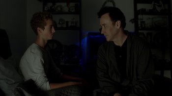 Movie still from “Maps to the Stars” (2014), directed by David Cronenberg – Two people sitting in a room talking to each other; Medium shot, Over the shoulder angle