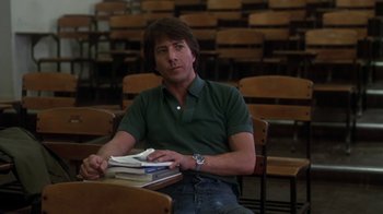Movie still from “Marathon Man” (1976), directed by John Schlesinger – A man sitting at a table in front of a bunch of books; Medium shot, Low angle