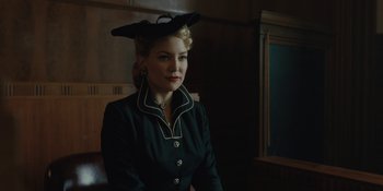 Movie still from “Marshall” (2017), directed by Reginald Hudlin – A woman wearing a black dress and a black hat; Close Up shot, Low angle
