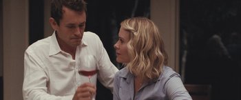 Movie still from “Martha Marcy May Marlene” (2011), directed by Sean Durkin – A man and a woman sitting at a table with a glass of red wine; Close Up shot, Over the shoulder angle