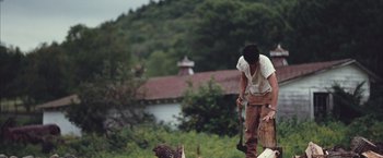 Movie still from “Martha Marcy May Marlene” (2011), directed by Sean Durkin – A man holding an axe and a dog on top of a hill; Wide shot, Over the shoulder angle