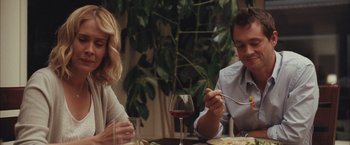 Movie still from “Martha Marcy May Marlene” (2011), directed by Sean Durkin – A man and a woman sitting at a table with a glass of red wine; Medium shot, Over the shoulder angle