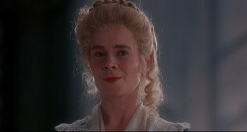 Movie still from “Frankenstein” (1994), directed by Kenneth Branagh – A person wearing a wig; Close Up shot, Low angle
