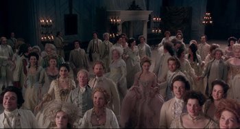 Movie still from “Frankenstein” (1994), directed by Kenneth Branagh – A large group of people dressed in period clothing; Wide shot, High angle