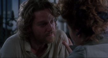 Movie still from “Frankenstein” (1994), directed by Kenneth Branagh – A man and a woman looking at one another; Close Up shot, Over the shoulder angle