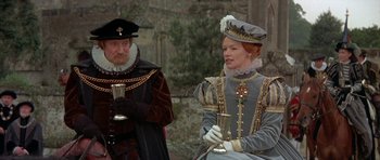 Movie still from “Mary, Queen of Scots” (1971), directed by Charles Jarrott – A man and a woman dressed in medieval clothing; Medium shot, Over the shoulder angle