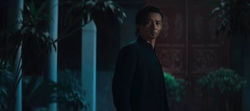 Movie still from “Master Z: The Ip Man Legacy” (2018), directed by Woo-Ping Yuen – A man in a black jacket standing next to a plant; Medium shot, Low angle