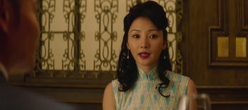 Movie still from “Master Z: The Ip Man Legacy” (2018), directed by Woo-Ping Yuen – A woman with long black hair wearing a cheongsam; Close Up shot, Over the shoulder angle