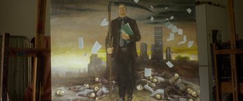 Movie still from “Mayhem” (2017), directed by Joe Lynch – An oil painting of a man holding a book and a cane; Medium shot, Low angle