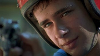 Movie still from “Mean Creek” (2004), directed by Jacob Estes – A young man's face with a helmet on; Extreme Close Up shot, Low angle