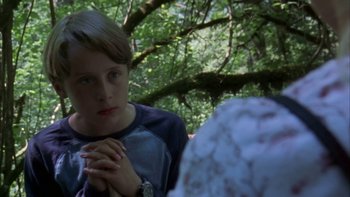 Movie still from “Mean Creek” (2004), directed by Jacob Estes – A young boy sitting in front of a tree; Close Up shot, Over the shoulder angle
