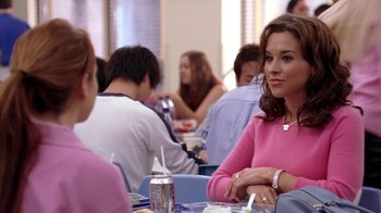 Movie still from “Mean Girls” (2004), directed by Mark Waters – A group of people sitting at a table eating food; Medium shot, Over the shoulder angle