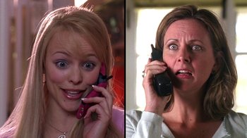 Movie still from “Mean Girls” (2004), directed by Mark Waters – A woman is on a cell phone and a woman is on a cell phone; Close Up shot, High angle