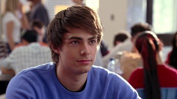 Movie still from “Mean Girls” (2004), directed by Mark Waters – A young man is sitting in front of a group of people; Close Up shot, Over the shoulder angle