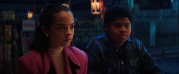 Movie still from “Fear Street: Part One - 1994” (2021), directed by Leigh Janiak – A girl and a boy are looking at the camera; Close Up shot, Low angle