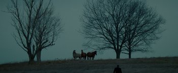 Movie still from “Michael Clayton” (2007), directed by Tony Gilroy – Three horses standing on a hill near a tree; Extreme Wide shot, Low angle