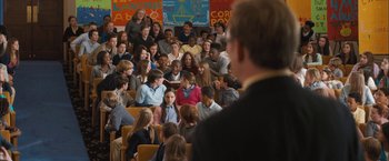 Movie still from “Middle School: The Worst Years of My Life” (2016), directed by Steve Carr – A group of people sitting in front of an audience; Wide shot, High angle