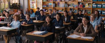 Movie still from “Middle School: The Worst Years of My Life” (2016), directed by Steve Carr – A group of young people sitting at desks in a classroom; Wide shot, High angle