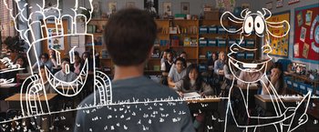 Movie still from “Middle School: The Worst Years of My Life” (2016), directed by Steve Carr – A group of people sitting in a room with books; Wide shot, Over the shoulder angle