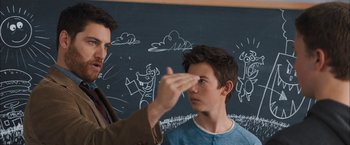 Movie still from “Middle School: The Worst Years of My Life” (2016), directed by Steve Carr – A man is pointing at a boy's eye; Medium shot, Over the shoulder angle