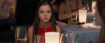 Movie still from “Middle School: The Worst Years of My Life” (2016), directed by Steve Carr – A young girl sitting at a dinner table looking sad; Close Up shot, Over the shoulder angle