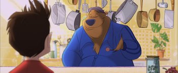Movie still from “Middle School: The Worst Years of My Life” (2016), directed by Steve Carr – An animated bear in a blue shirt is in a kitchen; Medium shot, Low angle