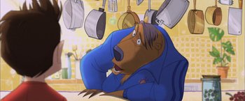 A cartoon of a bear in a room with pots and pans hanging on the wall