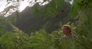 Movie still from “Mighty Joe Young” (1998), directed by Ron Underwood – A woman standing next to a lush green forest; Extreme Wide shot, Low angle