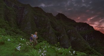 Movie still from “Mighty Joe Young” (1998), directed by Ron Underwood – A man and a woman walking through a lush green field; Extreme Wide shot, High angle