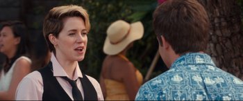 Movie still from “Mike and Dave Need Wedding Dates” (2016), directed by Jake Szymanski – A woman talking to a man wearing a hat; Close Up shot, Over the shoulder angle