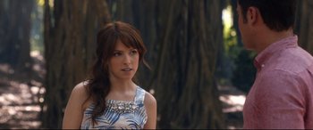 Movie still from “Mike and Dave Need Wedding Dates” (2016), directed by Jake Szymanski – A beautiful young lady wearing a white and blue dress; Close Up shot, Over the shoulder angle