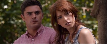 Movie still from “Mike and Dave Need Wedding Dates” (2016), directed by Jake Szymanski – A man and a woman standing next to each other; Close Up shot, Over the shoulder angle