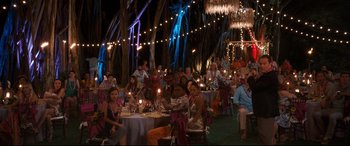 Movie still from “Mike and Dave Need Wedding Dates” (2016), directed by Jake Szymanski – A group of people sitting around a table with candles lit; Wide shot, High angle