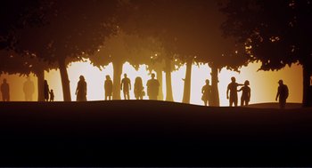 Movie still from “Milk” (2008), directed by Gus Van Sant – A group of people standing on top of a hill near trees; Extreme Wide shot, Low angle