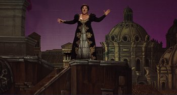 Movie still from “Milk” (2008), directed by Gus Van Sant – A woman standing on top of a building with her arms outstretched; Wide shot, Low angle